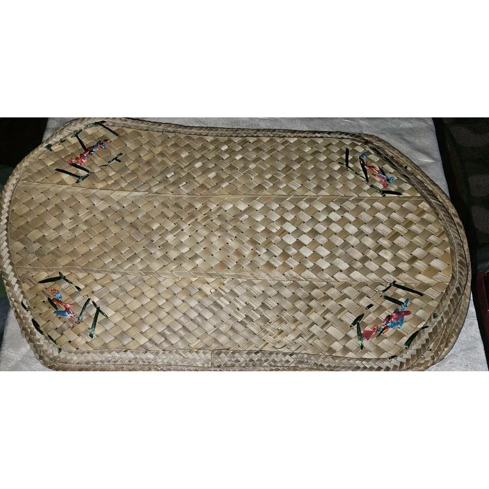 Set Of 4 VTG 70s Woven Floral Wicker Rattan Oval Placemats‎ Boho Beachy Cottage